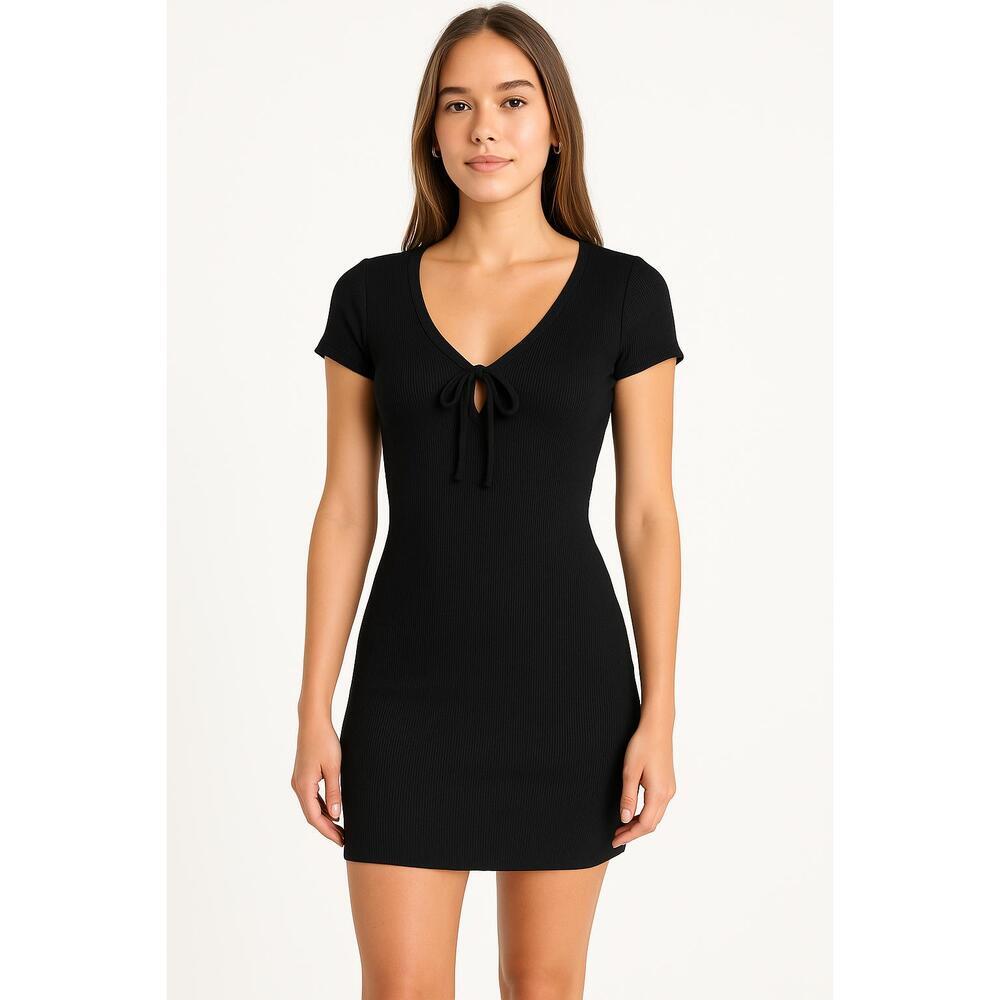 Abercrombie & Fitch Black Ribbed Knit V-Neck Short Sleeve Mini Dress Size XS